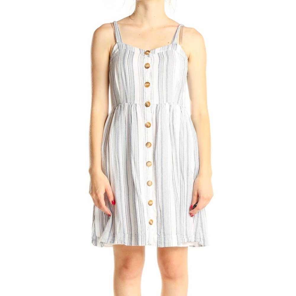 Loft Fit‎ & Flare Striped Button Front Sleeveless Sundress White Blue 2